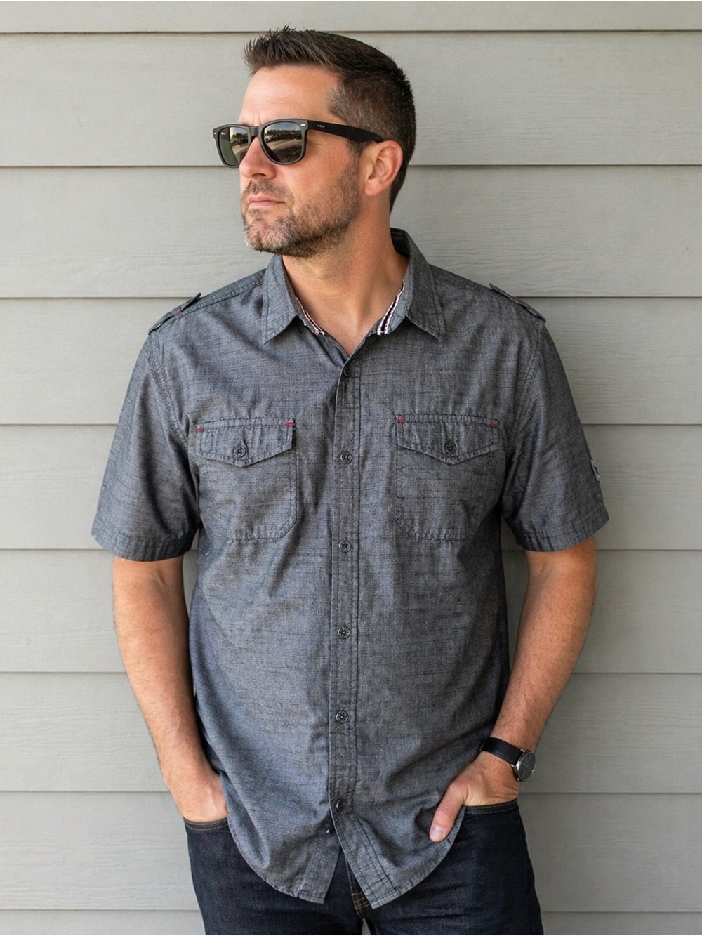 Free Planet Gray Short Sleeve Button Down Shirt XL